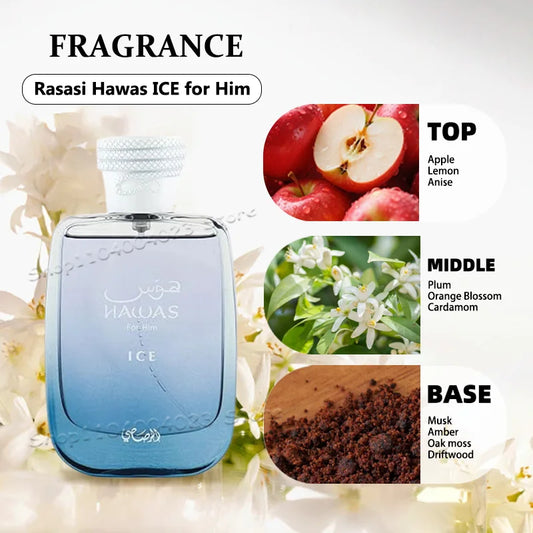 100ML Hawas Ice for Men Eau de Parfum Spray Original Arabian Perfume Men's Perfume Premium Arabian Long Lasting Fragrance